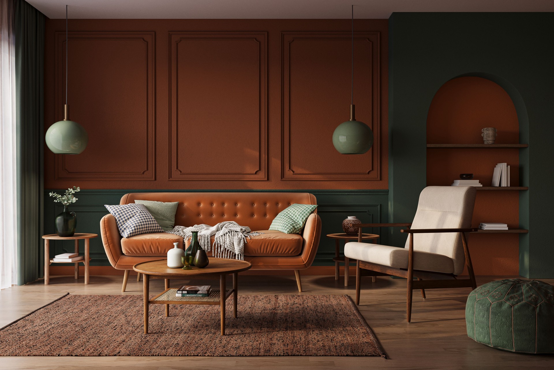 Interior design of modern apartment with colorful dark walls and orange sofa. Interior mockup, 3d render